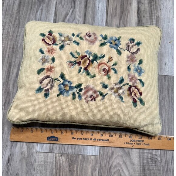 Vtg Wool Needlepoint Floral Throw Pillow Velvet  granny French country cottage - Picture 2 of 10